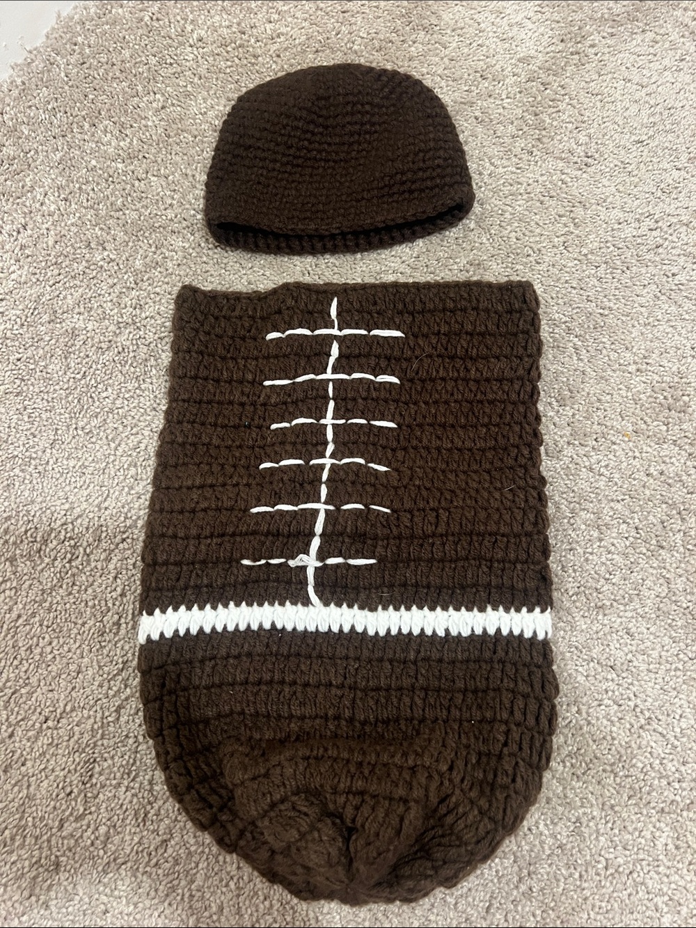 Handmade Brown Football Crochet Baby Cocoon & Hat Set